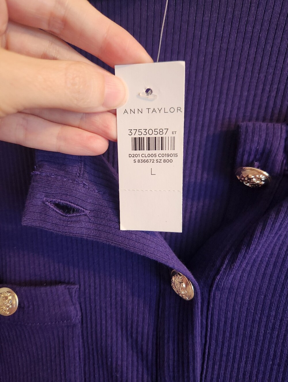 Ann Taylor Deep Purple Ribbed Button-Front Cardigan L - Picture 2 of 3